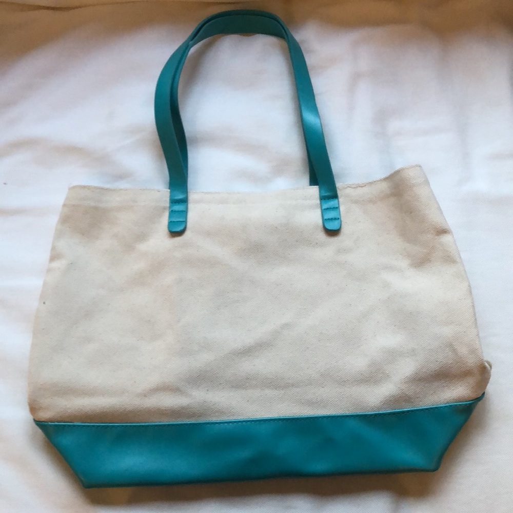 Natural canvas tote with turquoise leather details